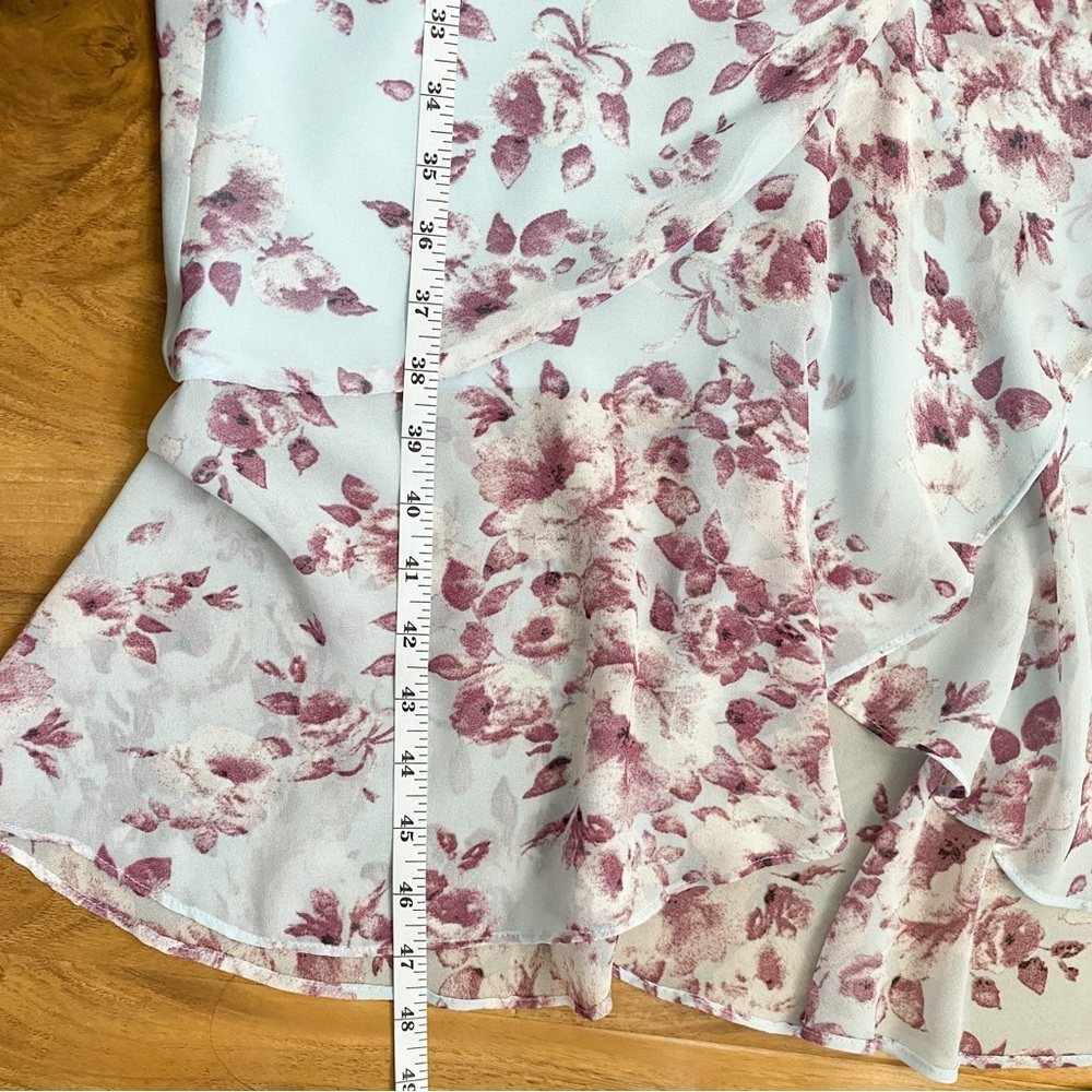 Bardot Floral Mermaid Midi Dress Faux Wrap Blue Burgundy Wedding Guest Fairy M - Picture 10 of 10